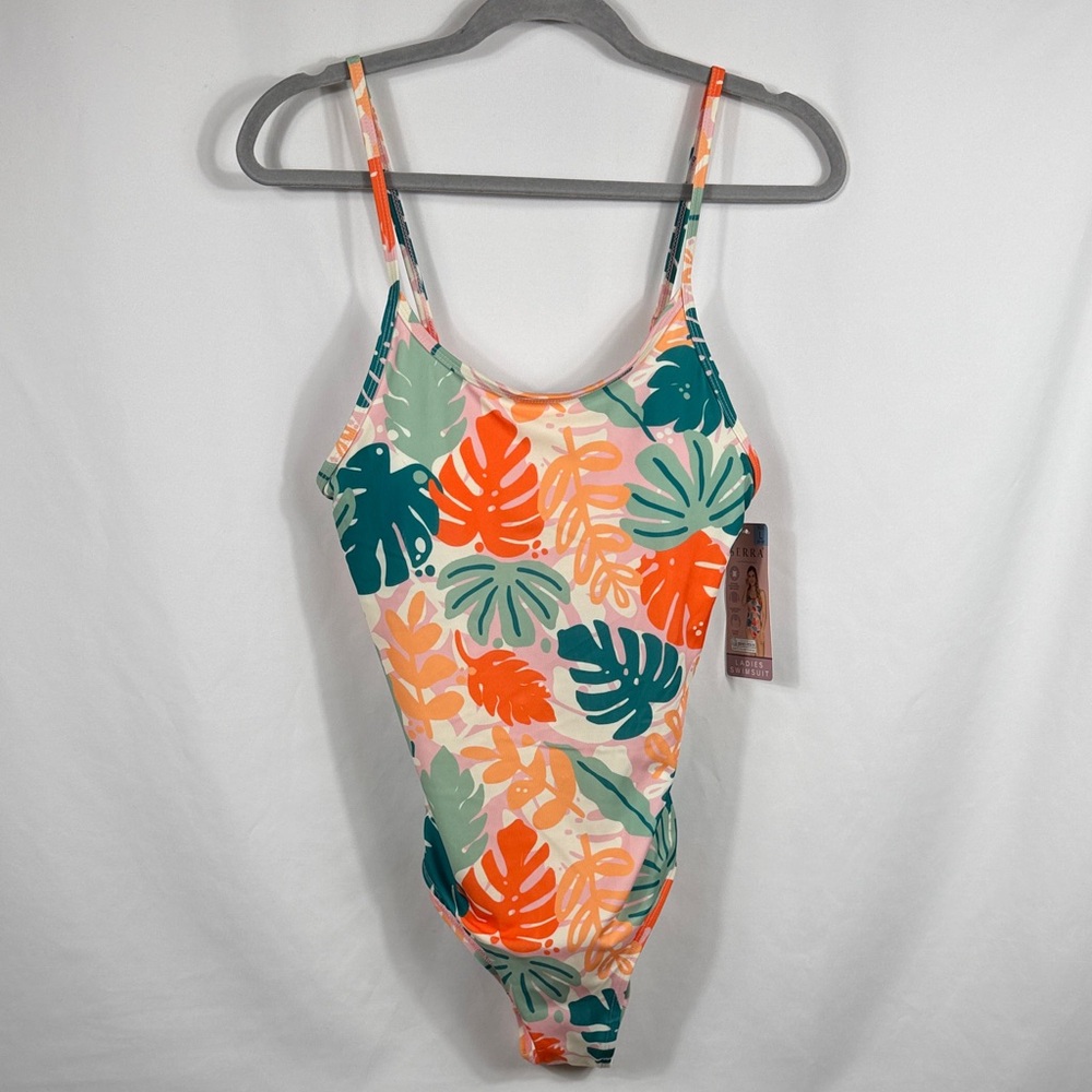 Serra Tropical Leaf Print One-Piece Swimsuit in Orange, Teal, Pink, Cream NWOT